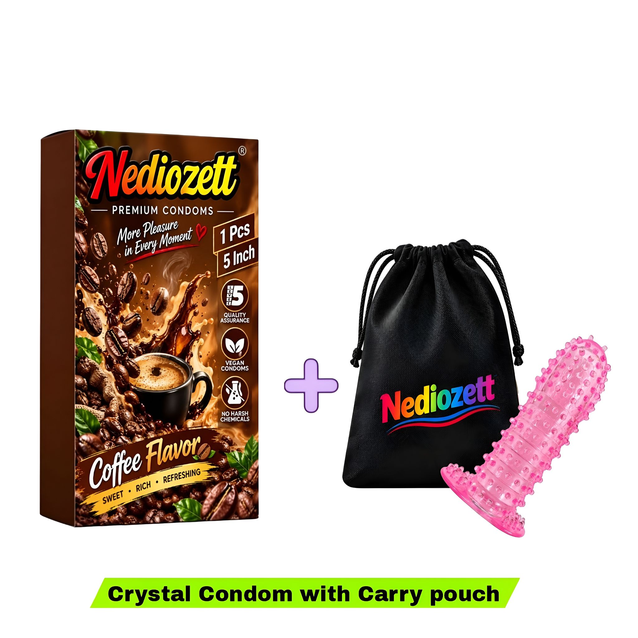 Nediozett Crystal Condom Coffee Flavor For Long Last Action Silicone Reusable Condom Extra Dotted 5 inch with Carry Pouch (Pack of 1)