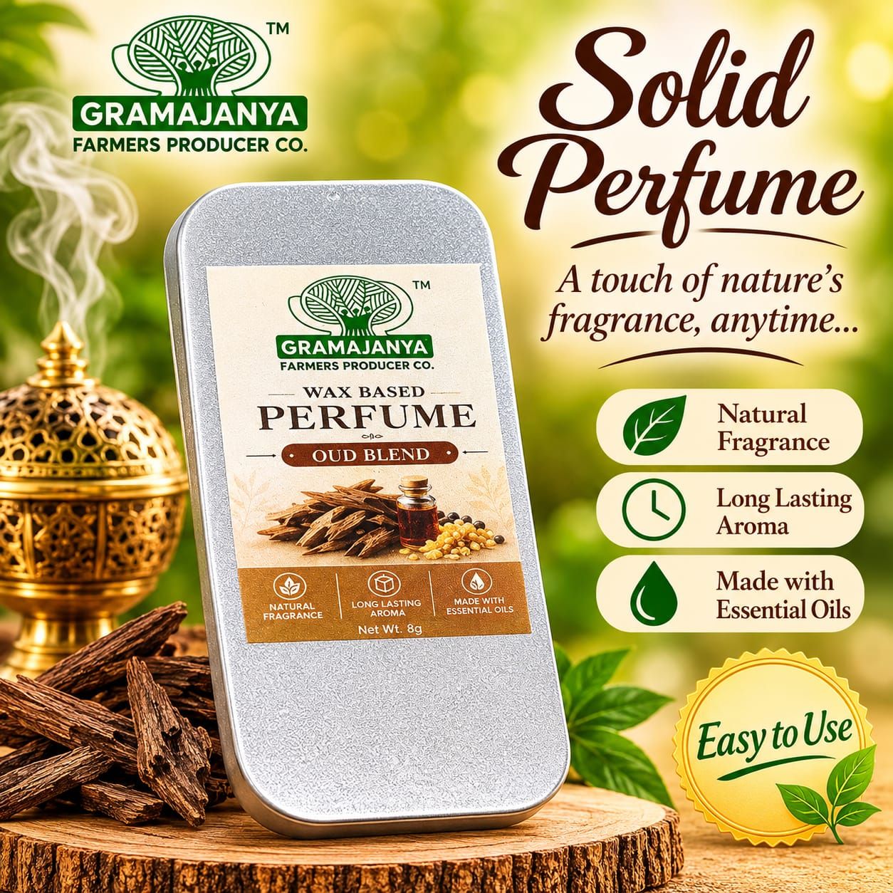 Gramajanya Bees Wax solid Perfume - Oud Flavor - 8gms 