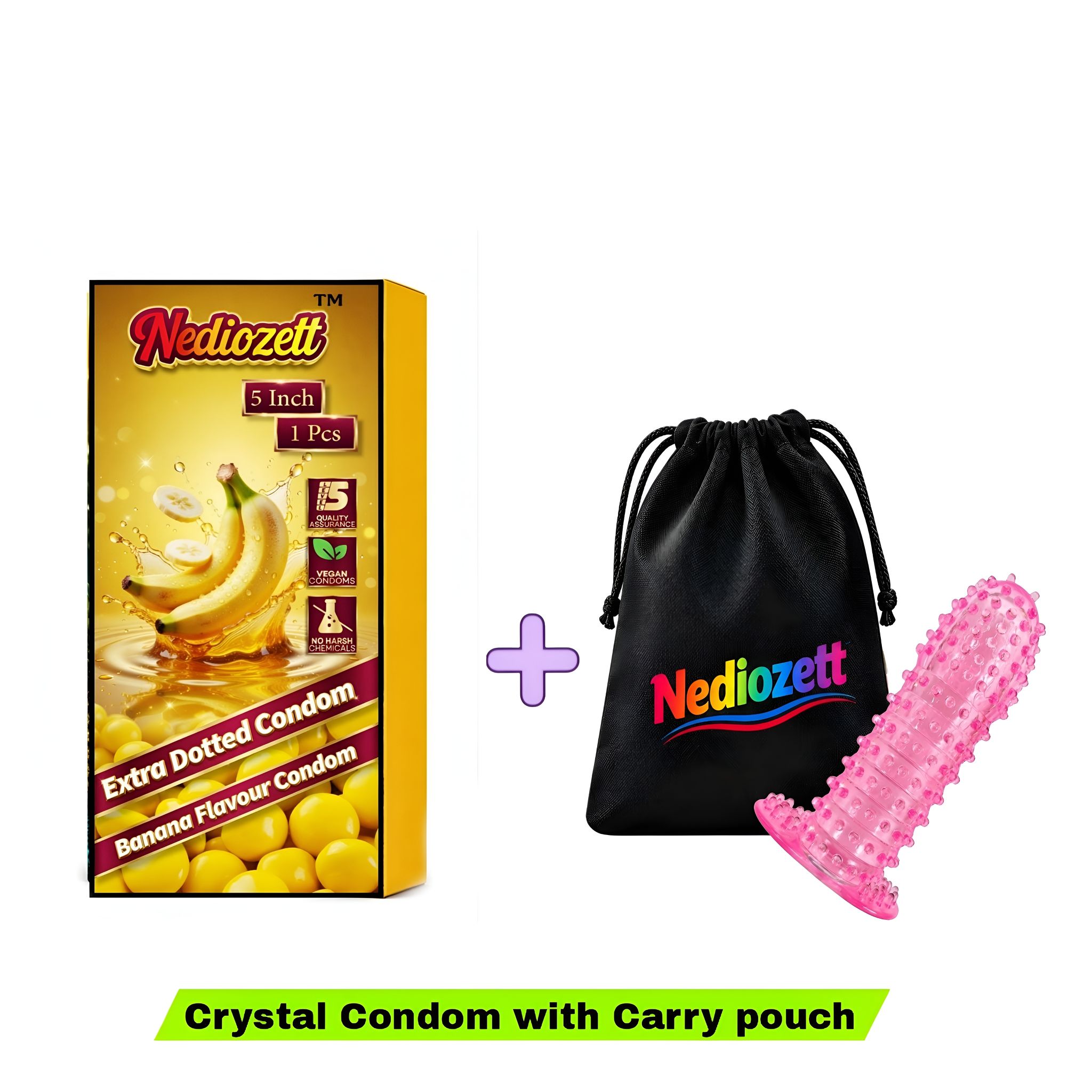 Nediozett Crystal Condom Banana Flavor For Long Last Action Silicone Reusable Condom Extra Dotted 5 inch with Carry Pouch (Pack of 1)