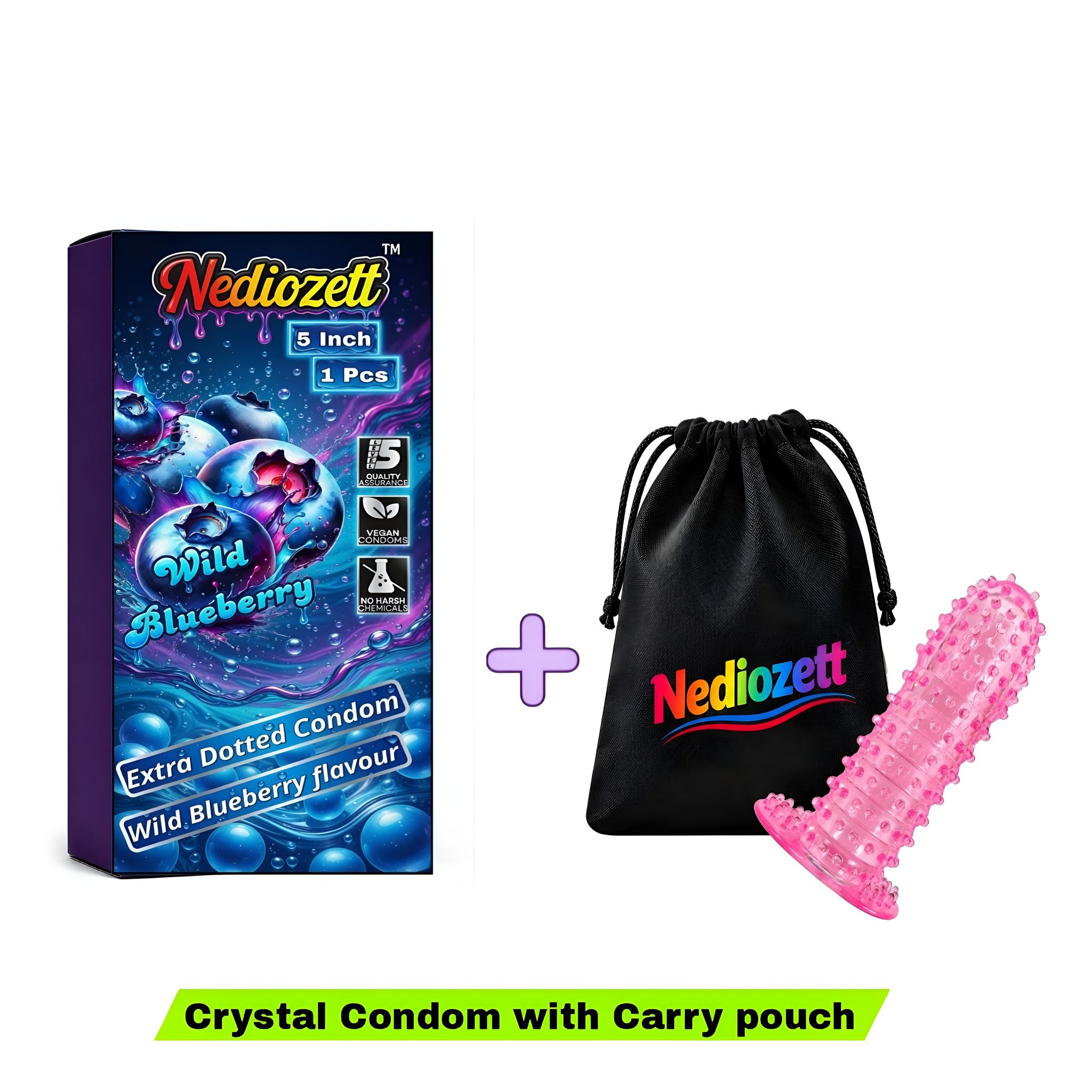 Nediozett Crystal Condom Blueberry Flavor For Long Last Action Silicone Reusable Condom Extra Dotted 5 inch with Carry Pouch (Pack of 1)
