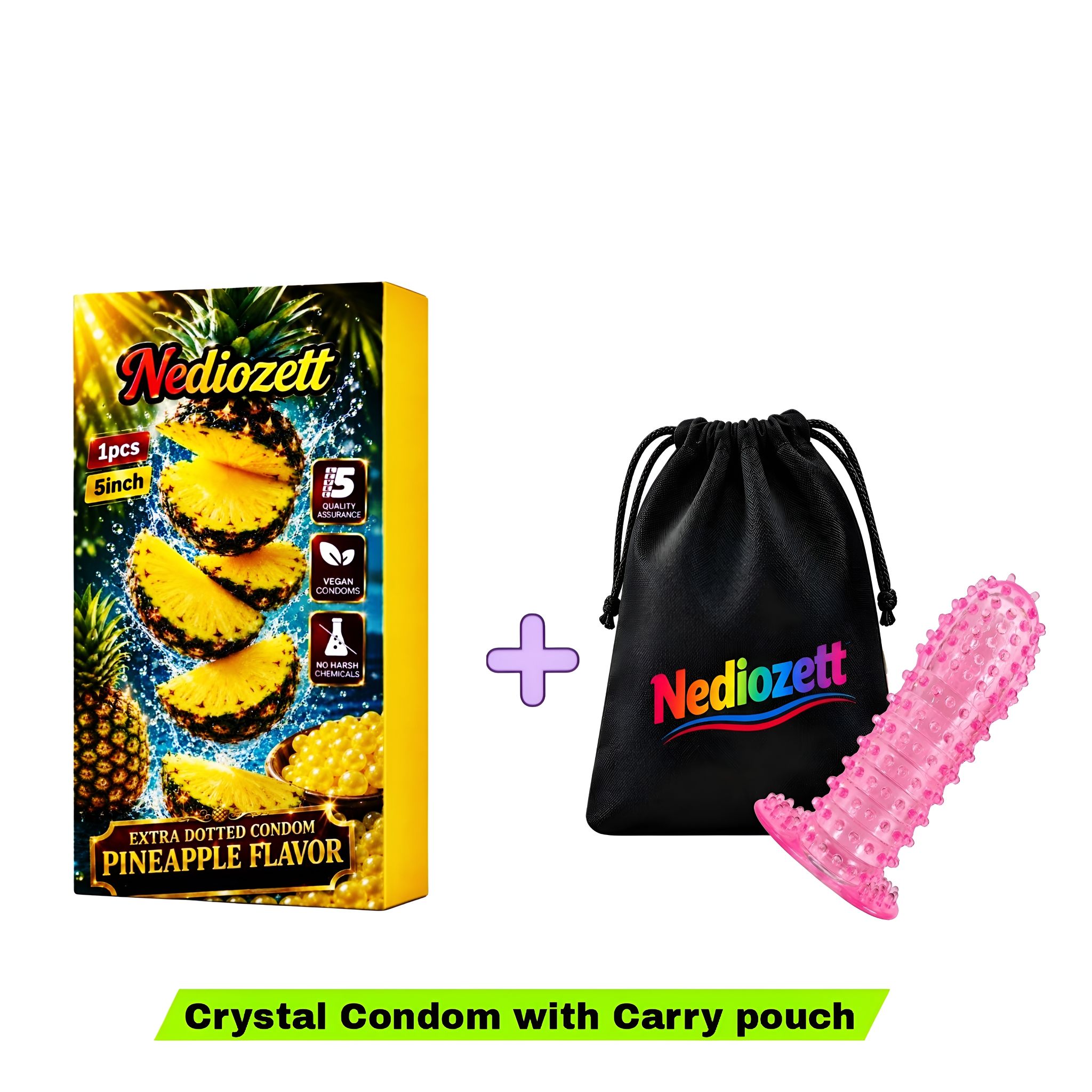 Nediozett Crystal Condom Pineapple Flavor For Long Last Action Silicone Reusable Condom Extra Dotted 5 inch with Carry Pouch (Pack of 1)