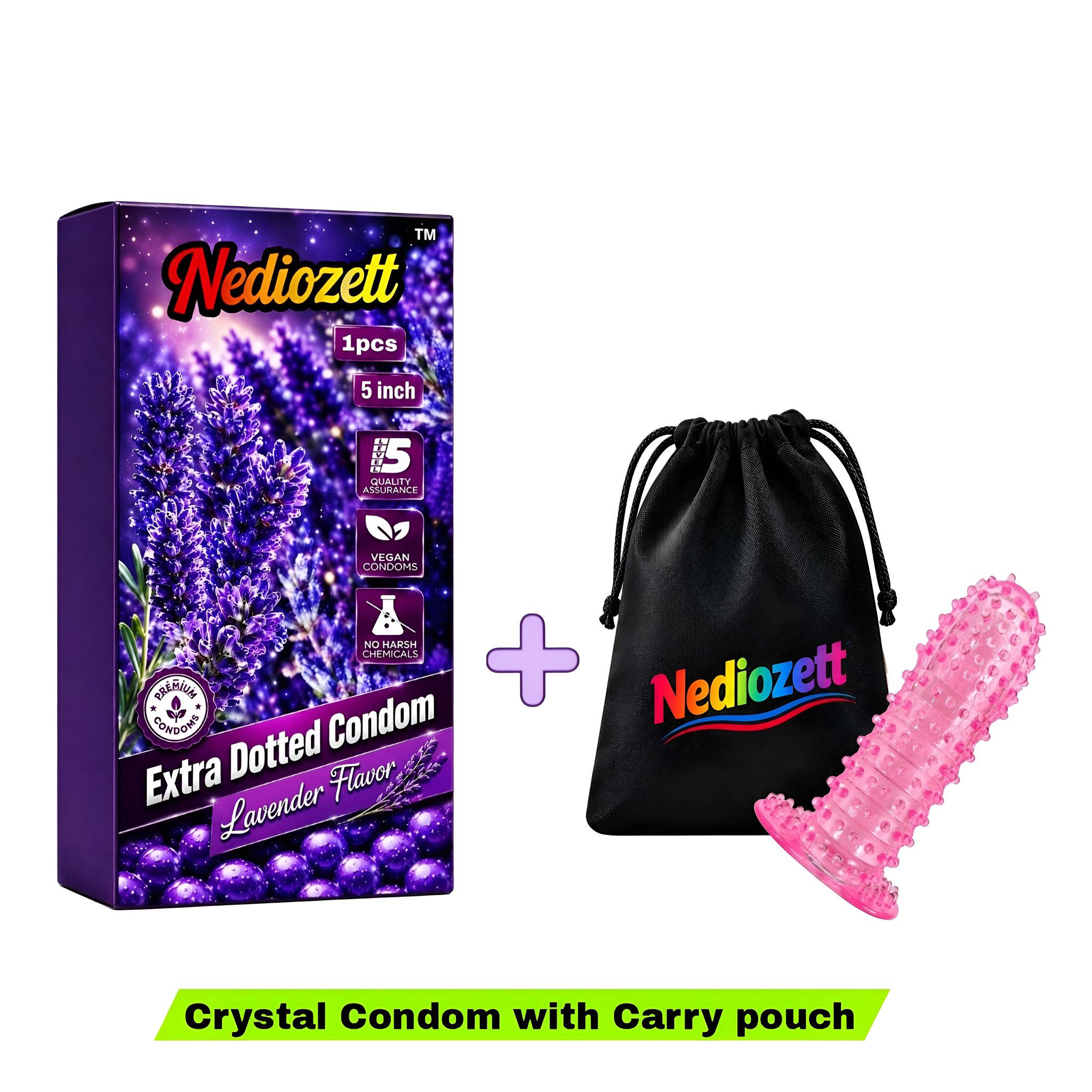 Nediozett Crystal Condom Lavender Flavor For Long Last Action Silicone Reusable Condom Extra Dotted 5 inch with Carry Pouch (Pack of 1)
