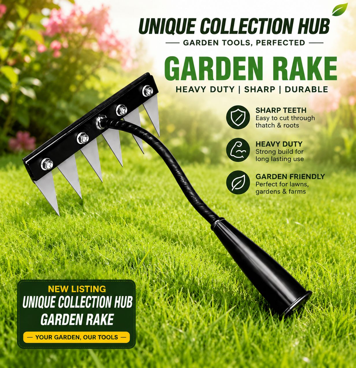 Unique Collection Hub Heavy Duty 6 Teeth Garden Rake with Sharp Teeth with out Handle