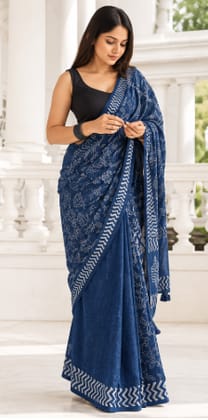 Women's Indigo Blue Cotton Linen Saree with Floral Hand Block Prints and Tassels Women's Indigo Blue Cotton Linen Saree with Floral Hand Block Prints and Tassels