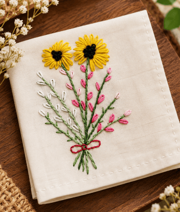 Hand Embroidered Sunflower Bouquet Table Napkin