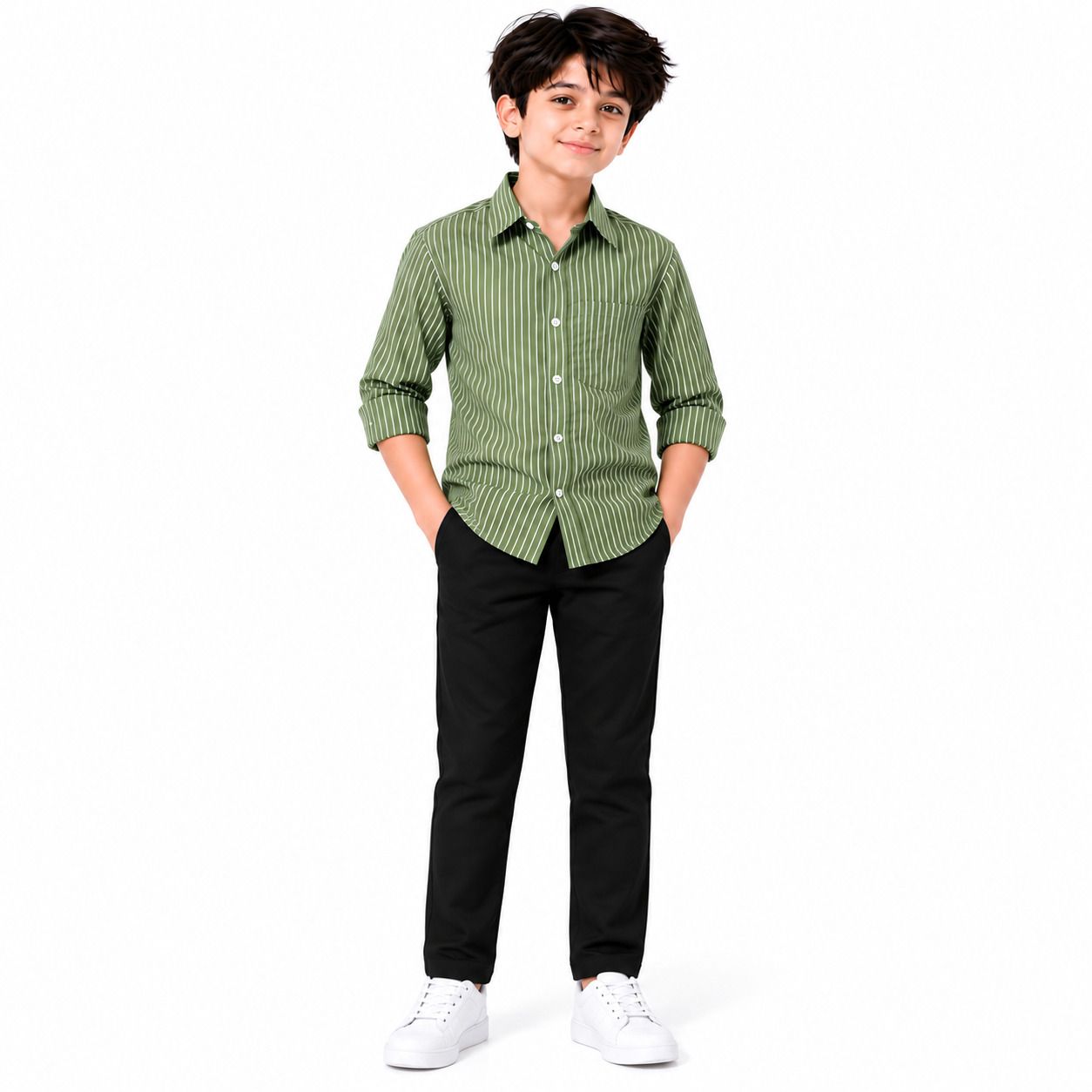 Boys Green Vertical Stripe Button-Down Casual Shirt