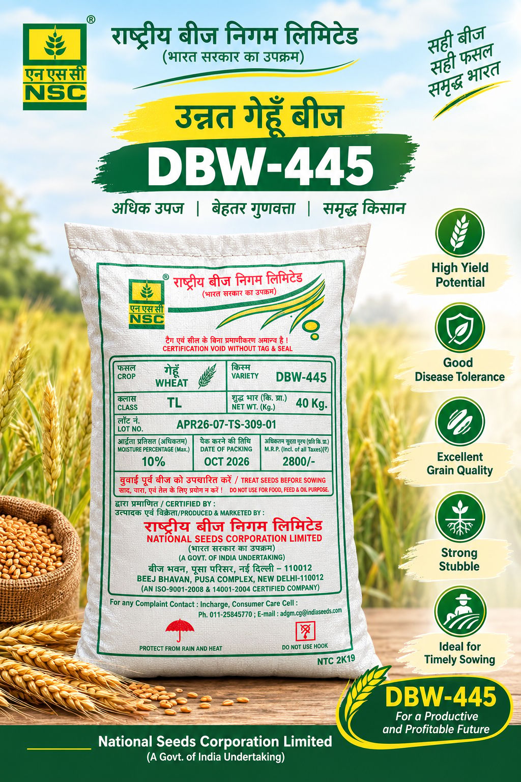 NSC Wheat DBW-445, 40 Kg  Truthfully Labelled Seed