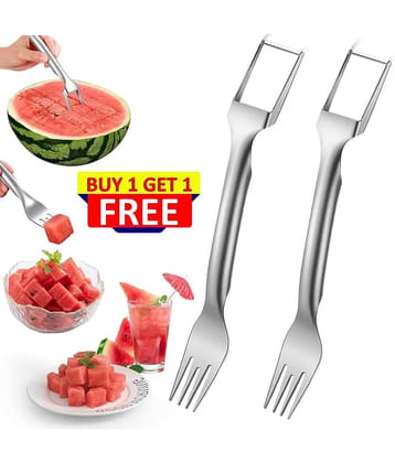 Bhavyta Silver Stainless Steel 2 in 1 Watermelon Fork Slicer & Fruit cutter ( Set of 2 )