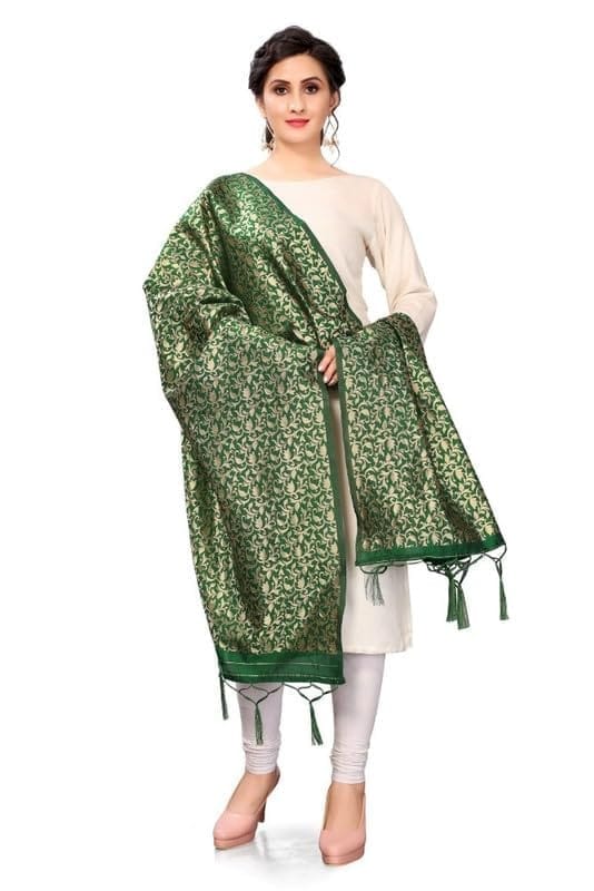 Women's Silk Pure weaving Work Duppatta (Green, Leangth: 2-2.3 Mtrs)-PID44958