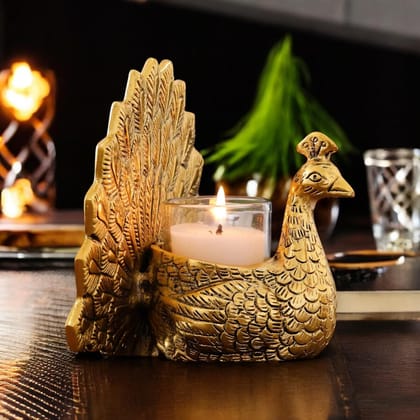 Dreamkraft Metal Dancing Peacock Candle Holder Decorative Showpiece Statue for Gifting (Gold, 17 X 10 X 14 CM)