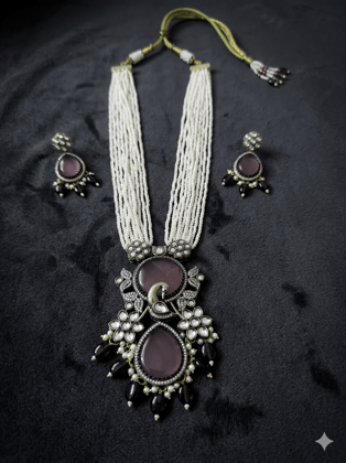 Smitam Jewels Divya Sangam Haar Monalisa Stone Pearl Necklace Set with Earrings