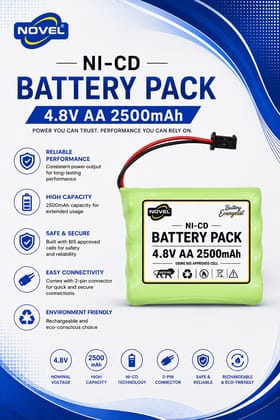 NOVEL 4.8V AA 2500mAh NI-CD Rechargeable Battery SM PIN