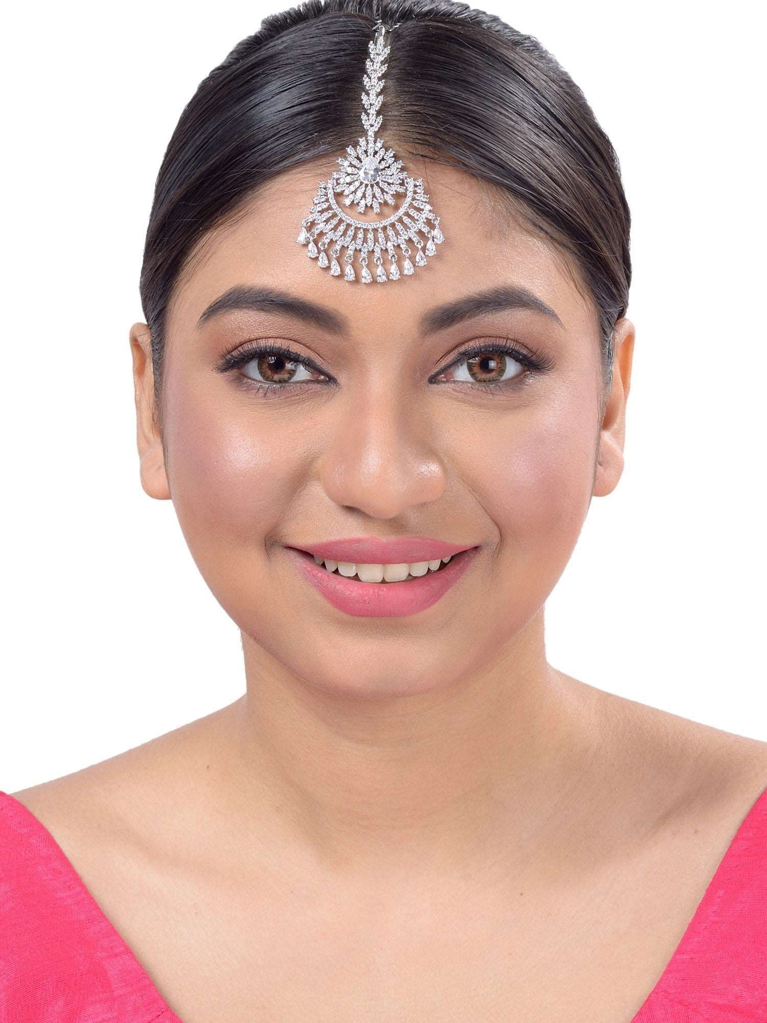 Chandbali style Diamond Maang Tikka Silver plated & AD studded for Women & Girls