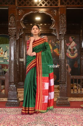 Handloom Cotton Viscose Ilkal Saree With Pure Resham Pallu - Bright Green With Red Border