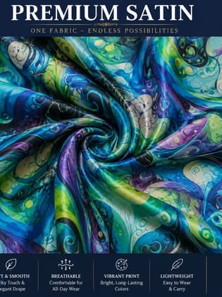 UneR Premium Printed Satin Fabric for Women | Multicolor Abstract Print | 5 Meter | 44 Inch Width | Soft Silky Unstitched Dress Materia