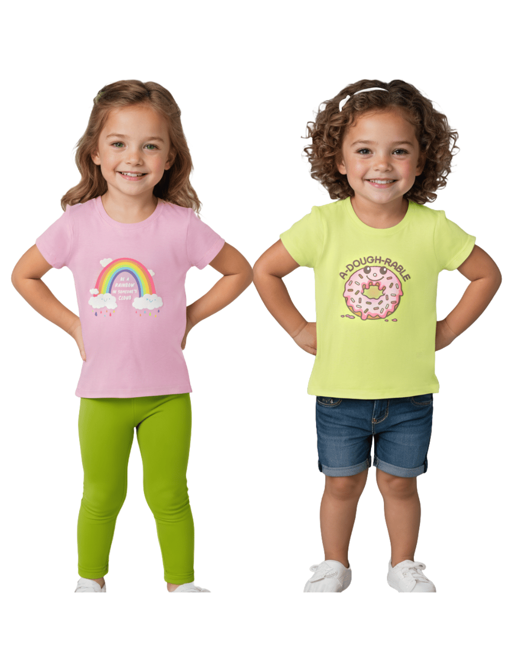 Girls T-Shirt Bonbon Pink / Acid Lime Green, Soft Cotton, Ages 2-6 (2pcs pack)