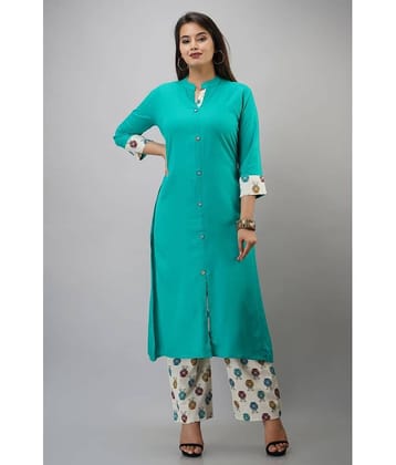 MAUKA Rayon Solid Kurti With Palazzo Women's Stitched Salwar Suit - Turquoise ( Pack of 1 )