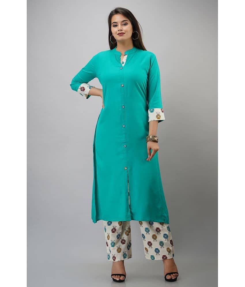 MAUKA Rayon Solid Kurti With Palazzo Women's Stitched Salwar Suit - Turquoise ( Pack of 1 )