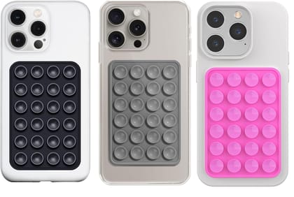 TARAVEE Phone Sticky Grip - Stickypod for Phone Case Suction Sticker for iPhone Case - Mobile Back Holder Grip - Silicone Sticker for All Phone Back Cover Holder - Stick to Any Surface (Pack of 3) Black+Grey+Pink / Universal