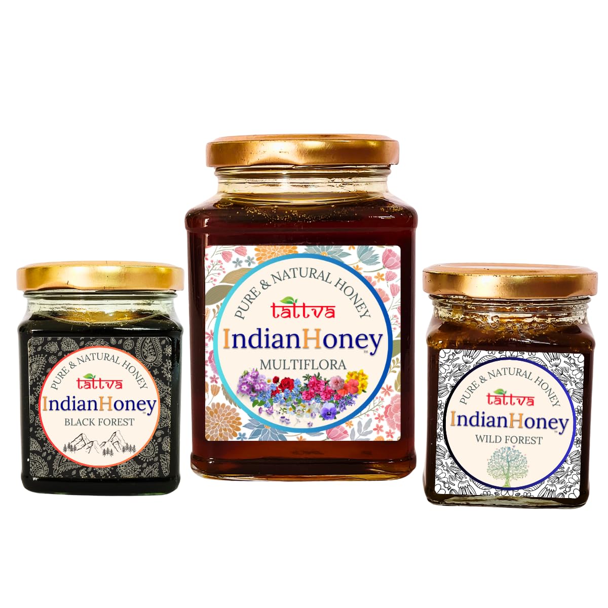 IndianHoney Himalayan Multiflora, Dark & MineralRich Black Forest (Honeydew) Honey, & Wild Forest Honey Triple Combo Pack (500gm + 2x230gm)