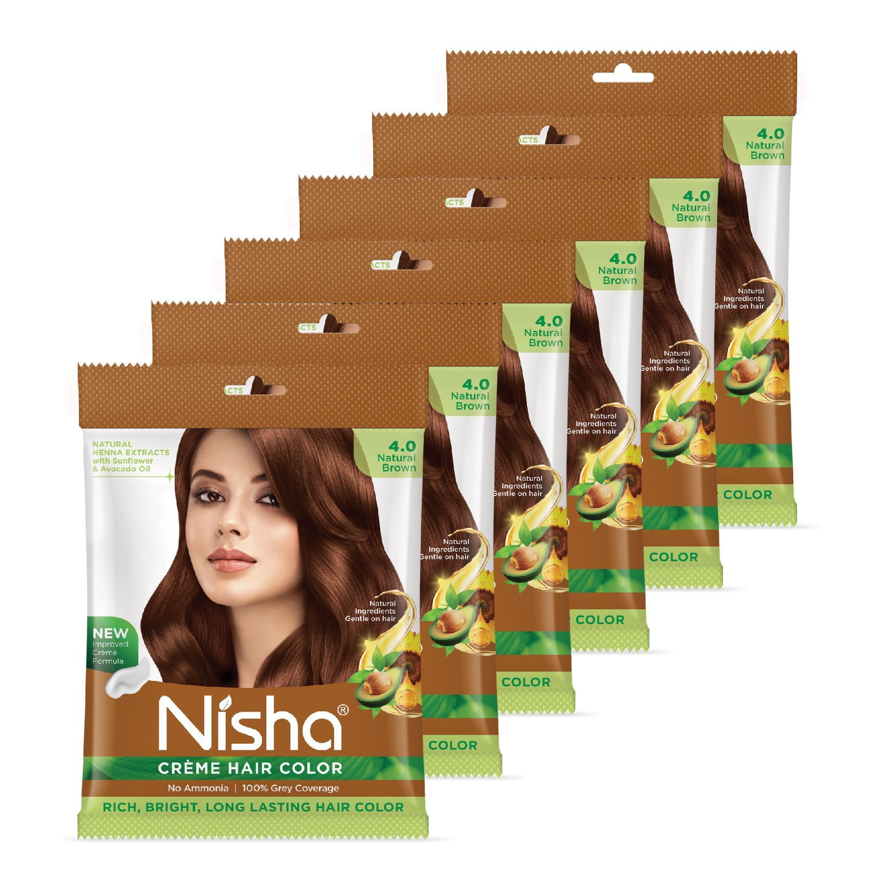 Nisha Creme Hair Color Natural Brown 40g Pack of 6, Permanent Hair Color for Women Men, No Ammonia, 100% Grey Coverage