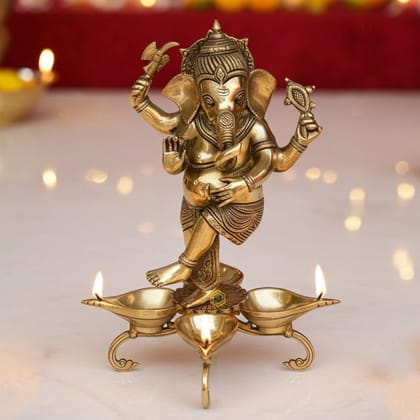 Brass Dancing Ganesha Oil Lamp Deepak 4 Wicks  - Devotional Puja Deepak, Height : 13 Inch (BSMAS1186 A)