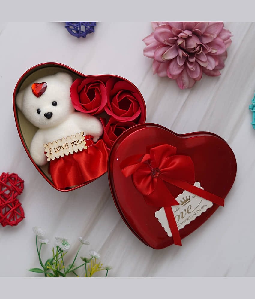 eCraftIndia Red & White Heart Shaped Valentine Gift Box With Teddy and Flowers