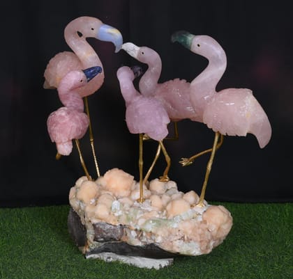 Unique Handmade Gemstone Flamingo Family - Artisan Crafted Decor