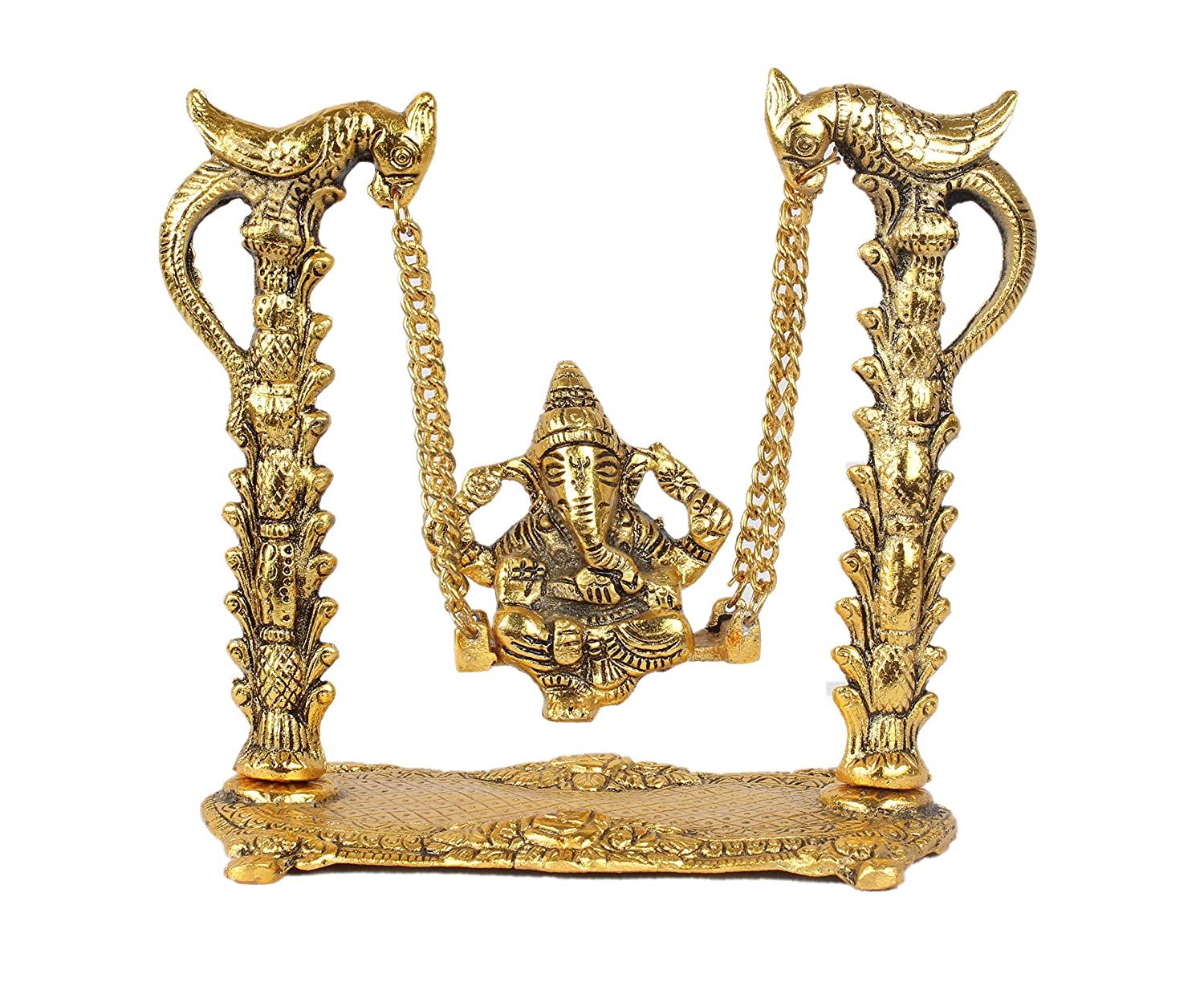 DreamKraft Metal Lord Ganesha on Peacock Jhoola (Gold, Standard).