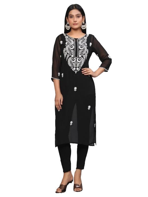 Women's Casual 3/4th Sleeve Embroidered Georgette Kurti (Black, 2XL)-PID46912