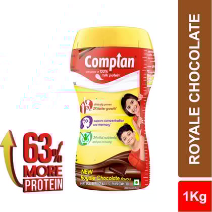 Complan Nutrition Drink Powder for Children, Royale Chocolate Flavour, 1 kg Jar | Nutrition drink for kids with protein & 34 vital nutrients