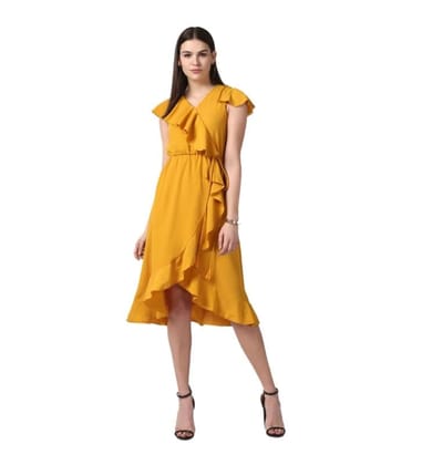 Women's Polyester Ruffled Cap Sleeve Knee-Length Dress (Yellow, XL)-PID55766 Women's Polyester Ruffled Cap Sleeve Knee-Length Dress (Yellow, XL)-PID55766