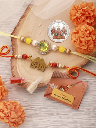 Set Of 2 Red Gold BHAI Thread Rakhi With 999 Silver Lord Ganesha & Goddess Lakshmi & Saraswatiji 10 gram  Silver Coin