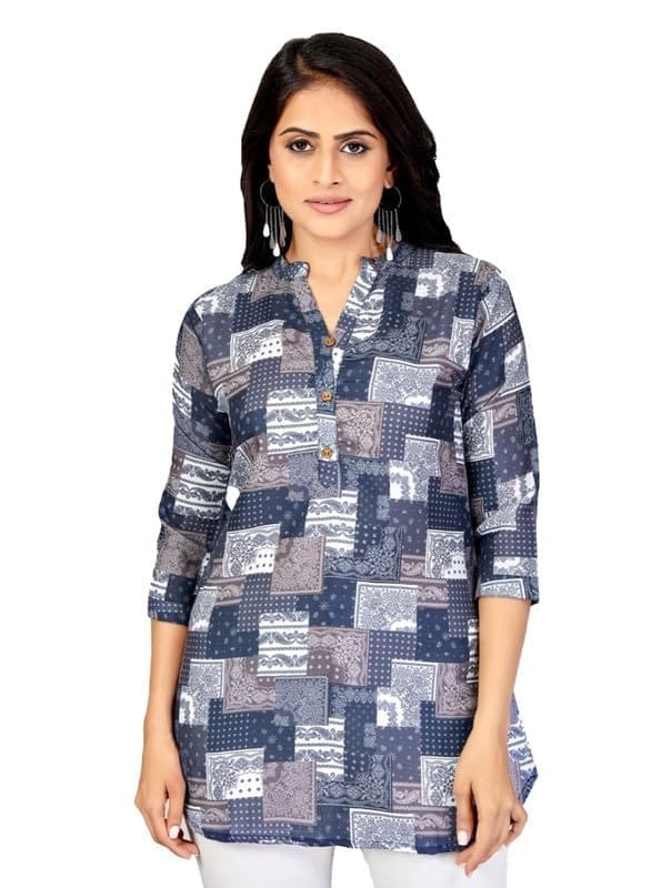 Women's Cotton Blend Mandarin Collar 3/4 Sleeves Short Top (NavyBlue, 2XL)-PID56271