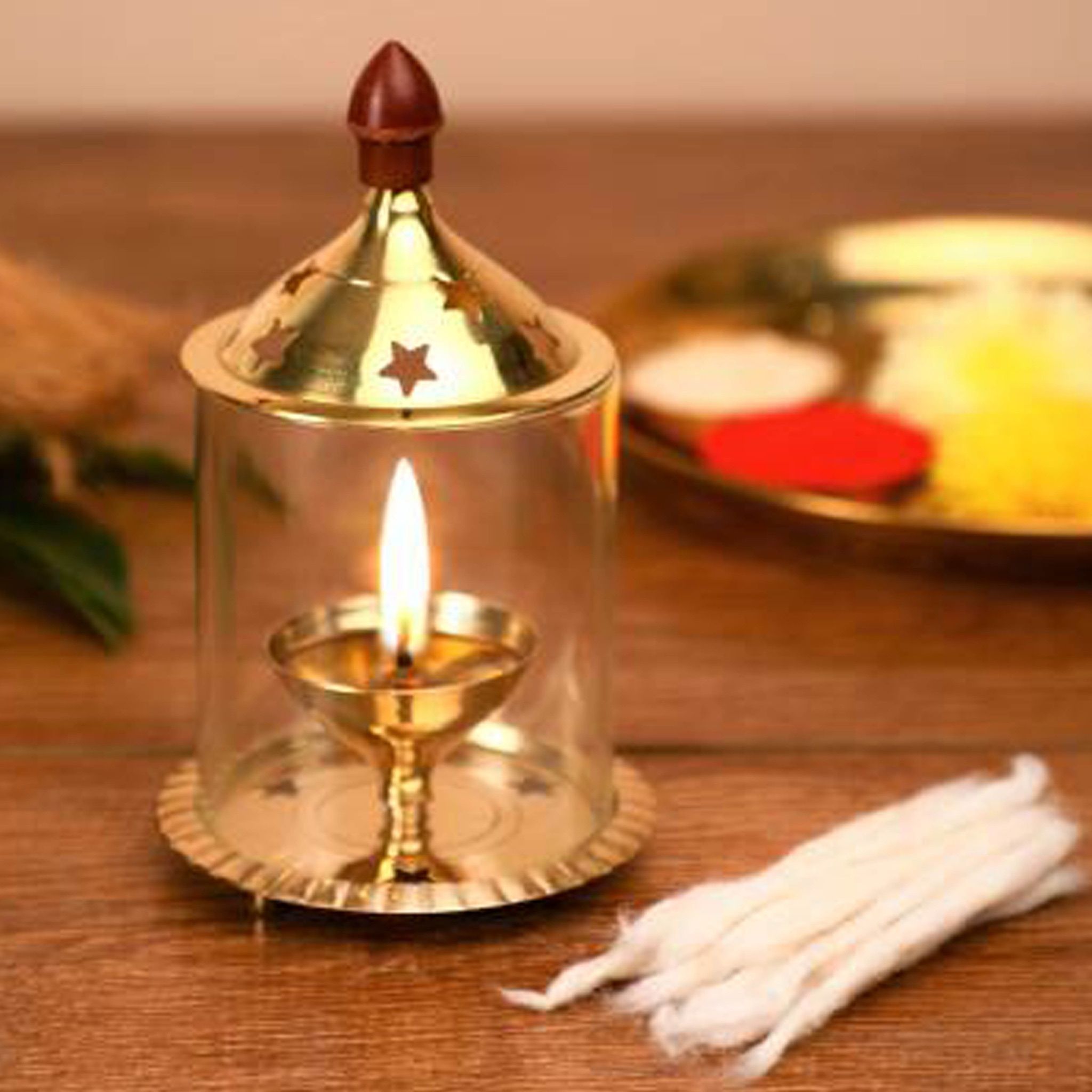 Brass Table Decor Oil Lamp Deepak With Chimney  - Classic Deepak for Puja Use, Height : 4 Inch (ZMAS014/4)