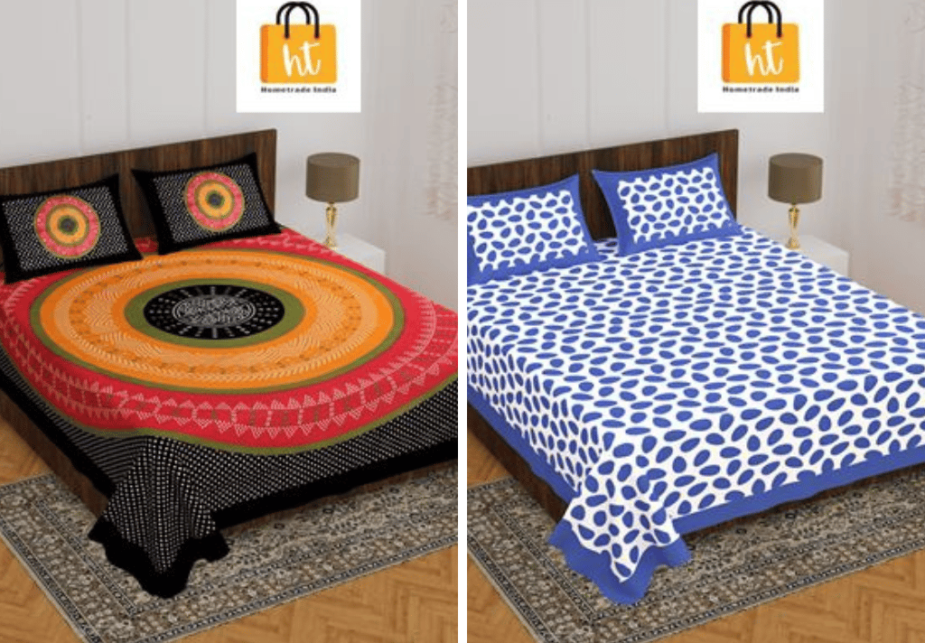 3001-Hometrade India-Standard King Size (90*108 Inches)-Pure Cotton Jaipuri Double Bedsheet With Matching Pillow Cover