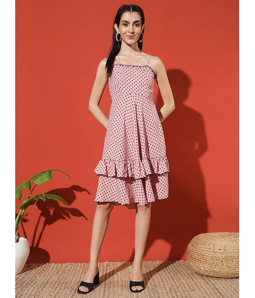 Glito Women Crepe Printed Fit & Flare Dress ( Peach )