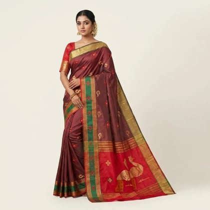 Red And Brown Banarasi Satin Zari Woven Peacock Motif Saree For Women