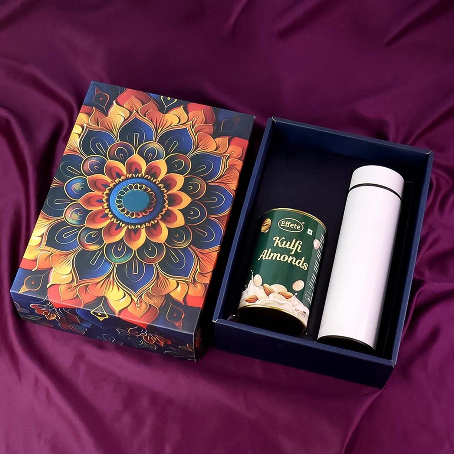 Effete Kulfi Almonds Gift Hamper, Golden With Bottle (2 Pc Set)