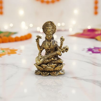 Brass Saraswati Ji Idol Statue, Height : 2.5 Inch (BSMAS1923 F)