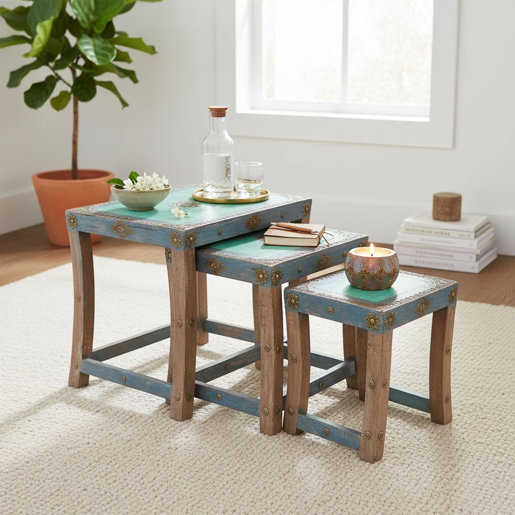 Indian Handmade Distressed Living Room Stool Set of 3