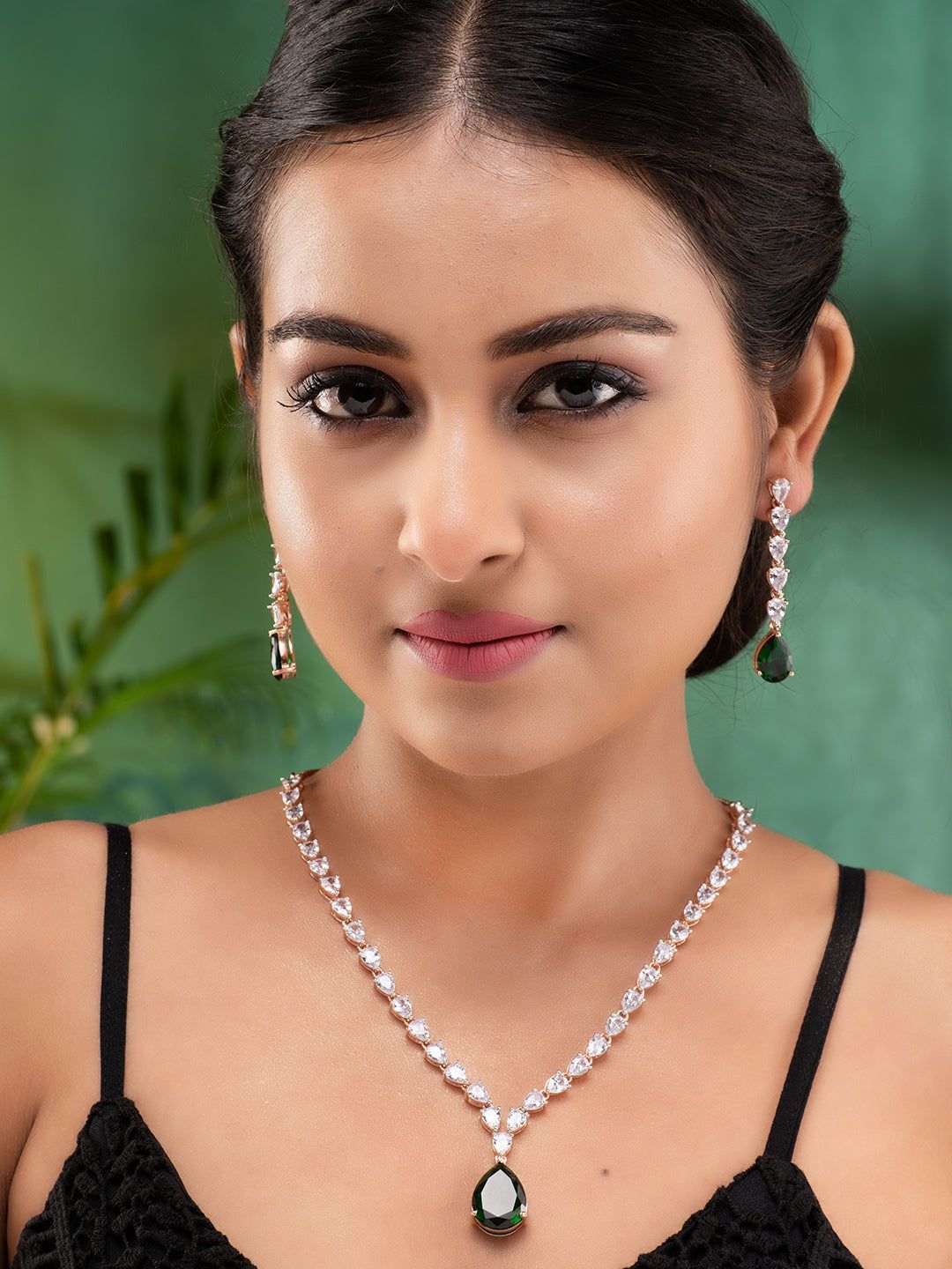 Rose Gold Toned Emerald Green AD Studded Designer Pendant Jewellery Set