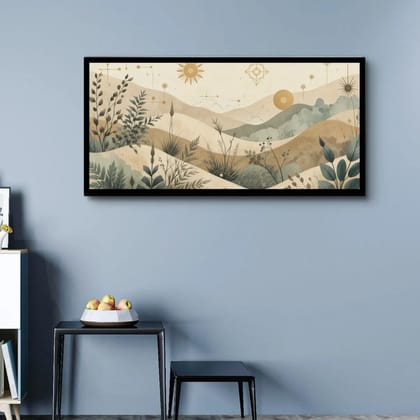 Luminary Verdant Serenity – Tranquil Botanical Hills Museum-Quality Cotton Canvas Painting for Study Room Décor | Frame Size (127 X 69 Cm) | Frame Type (Black) | 5-Year Warranty