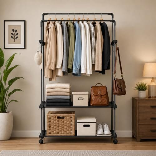 LEOPAX Clothing Rack With Wheels, Garment Rack With 2 Metal Shelves Coat Storage Organizer Rack, Metal Cloth