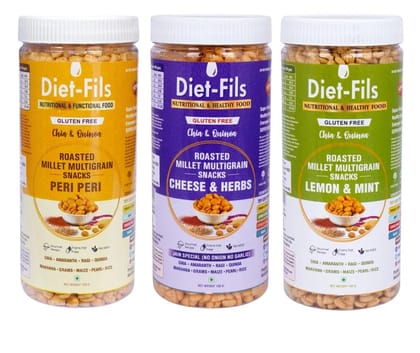 Roasted  Millet Multigrain Snacks Combo Mix | Cheese & Herbs |  Lemon & Mint |Peri Peri |Made with Finger Millet, Pearl Millet,Quinoa,Chiaseed,Makhana,Amaranth,Gram,Maize,Rice | Gluten Free |  130 gm x 3