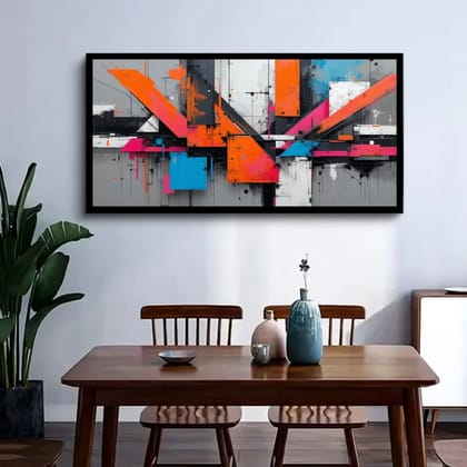 Luminary Metro Flux – Abstract Gridlines Museum-Quality Cotton Canvas Art for Dining Room Décor | Frame Size (127 X 69 Cm) | Frame Type (Black) | 5-Year Warranty