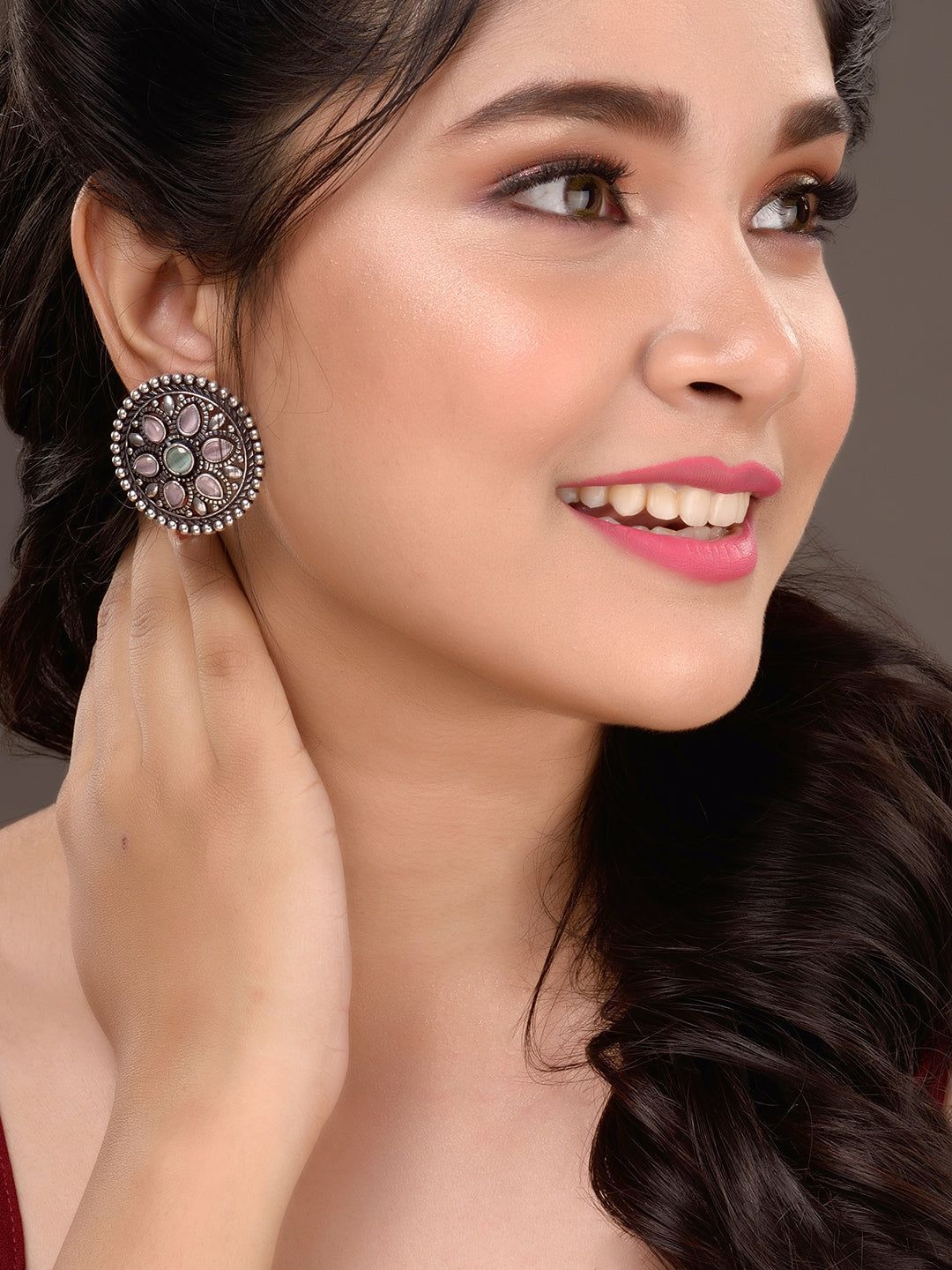 Oxidised Silver Plated Pink Mint Studds Earrings