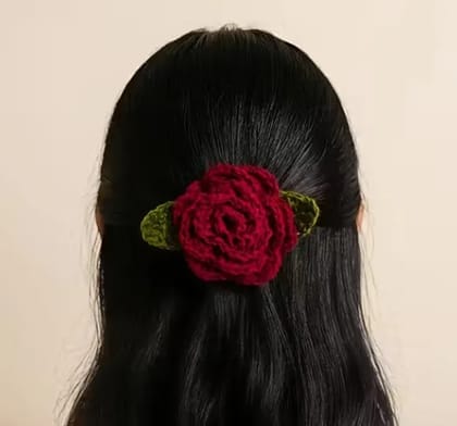 Handmade Crochet Red Rose Hair Clip for Women & Girls | Elegant Floral Hair Accessory