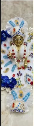 Generic Laddu Gopal Flower Border Zari Work Poshak with Matching Mukut, Multicolor, Size 5, Elegant Stone Booti and Handcrafted Ribbon Flower Detailing 4 inch