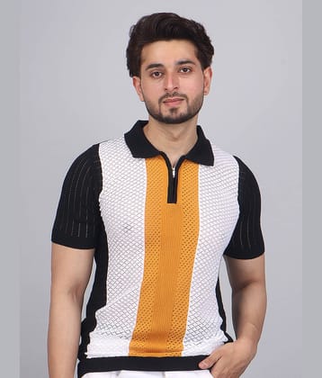 FEVERFEW Men Cotton Blend Regular Fit Striped Polo T Shirt ( Black )